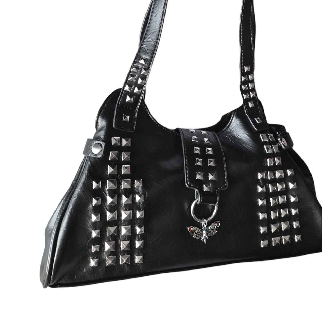 Red moth charm rivet studded handbag