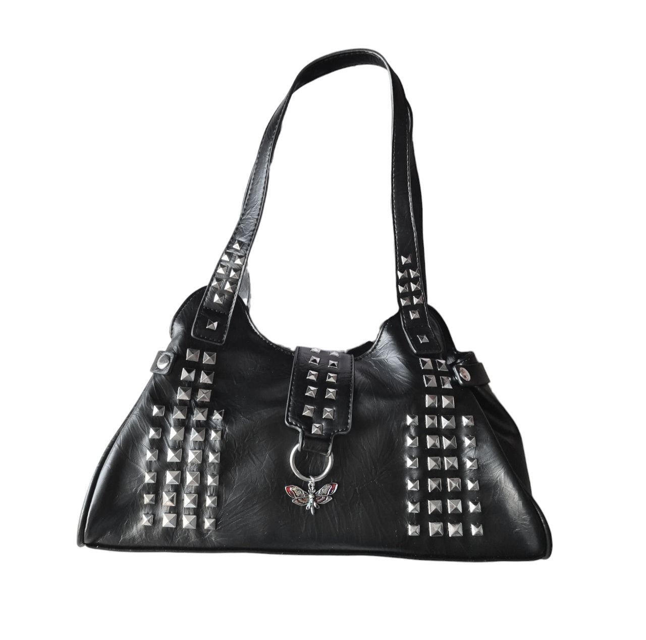 Red moth charm rivet studded handbag