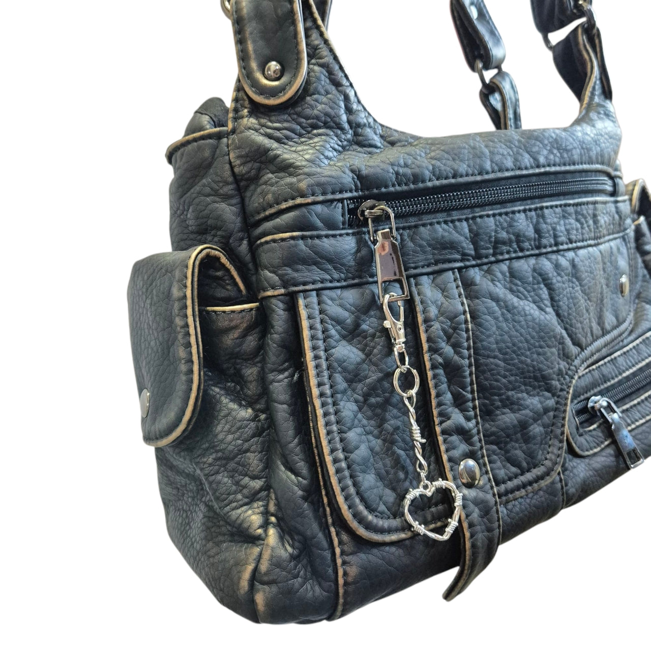 Barbed wire heart charm distressed shoulder bag