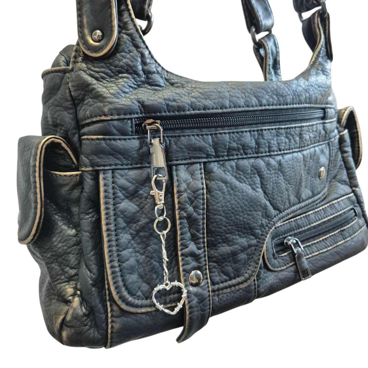 Barbed wire heart charm distressed shoulder bag
