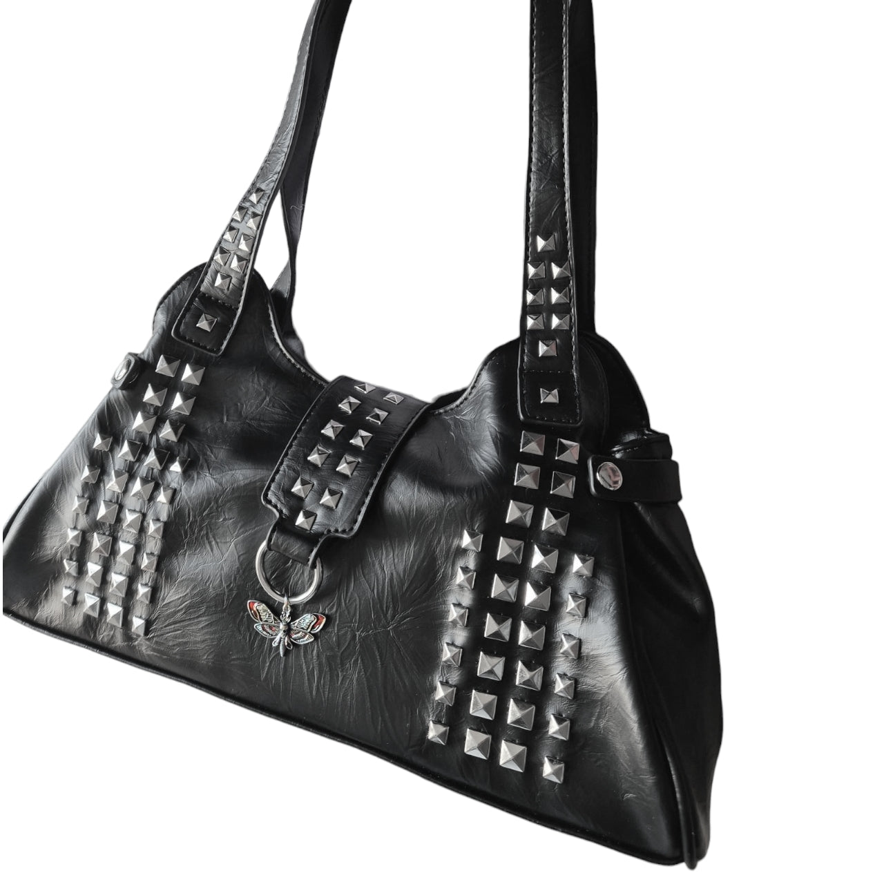 Red moth charm rivet studded handbag