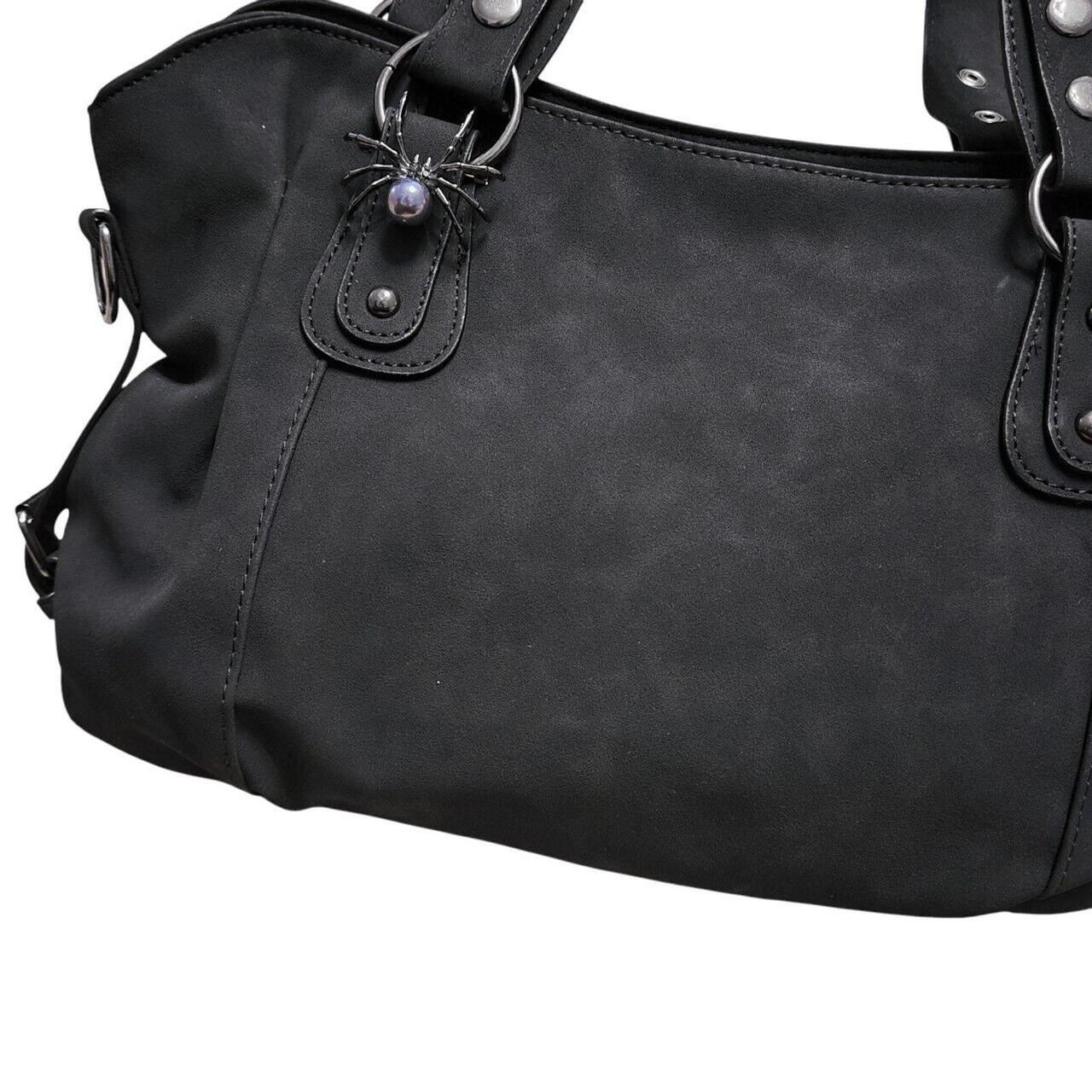 Spider brooch accent suede effect handbag