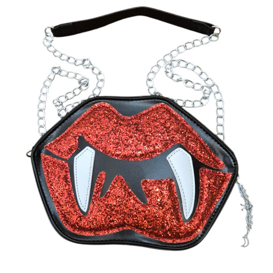 Glitter vampire lips & bat charm crossbody bag