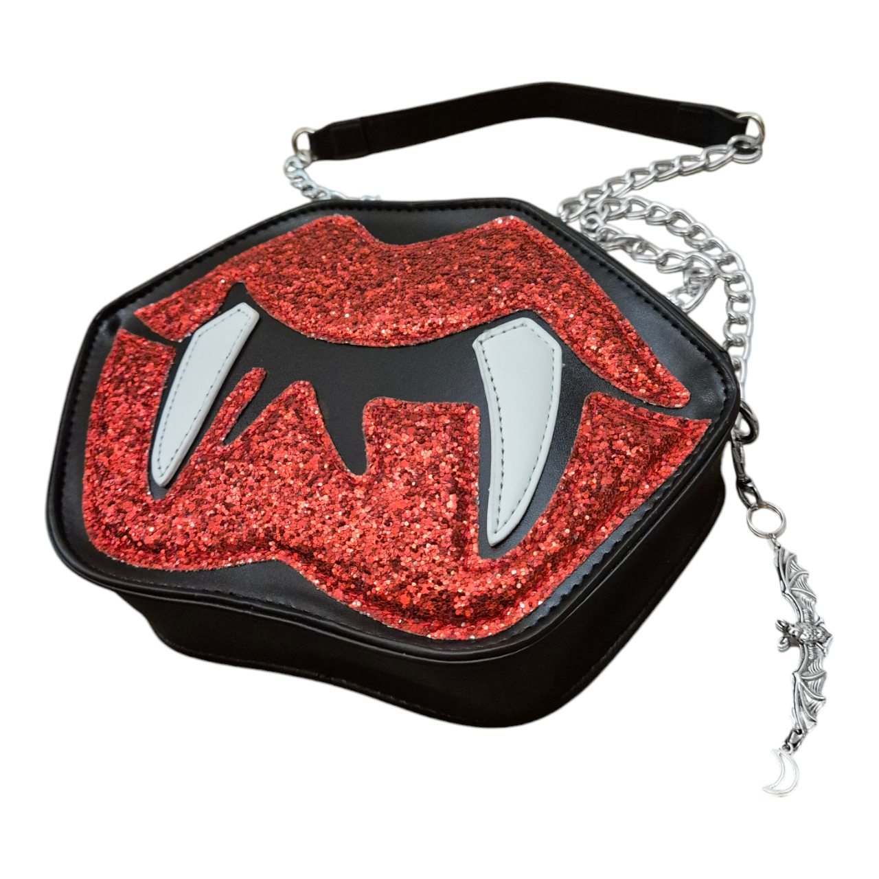 Glitter vampire lips & bat charm crossbody bag